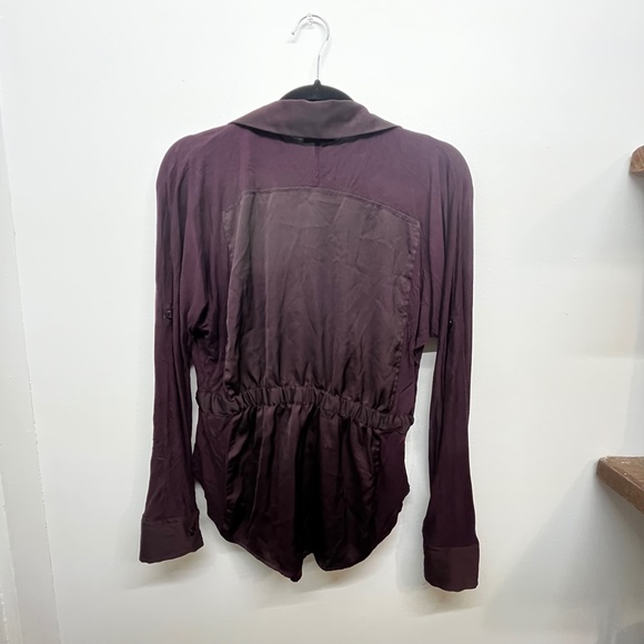 New York & Company Purple Mixed Media Roll Tab Blouse - Picture 3 of 5